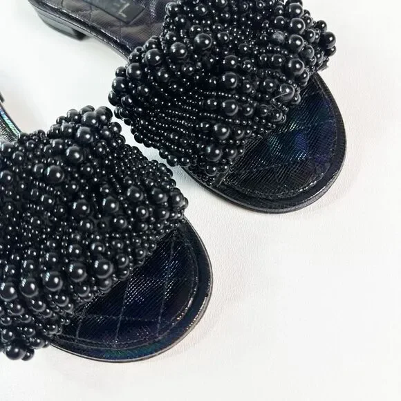 CHANEL Black Fantasy Pearl Cord Sandals Size 37 Mules Open Toe Slides CC Flat - Picture 3 of 12